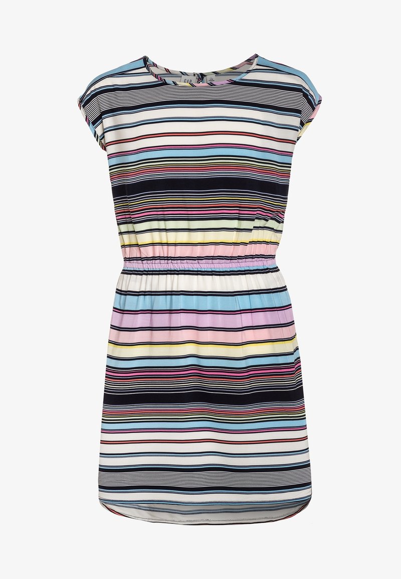 Robe à manches courtes et taille élastique, avec des rayures horizontales en noir, blanc, rose, jaune, bleu et rouge.