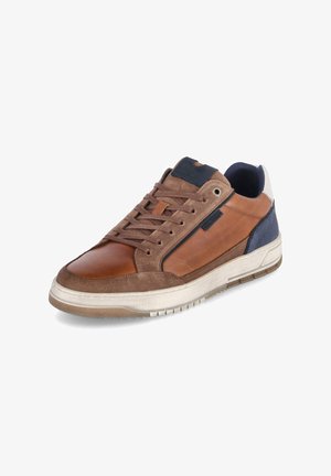 Brown sneaker with leather and suede upper, padded collar, and white rubber sole. Features navy accents and brown lace closure.