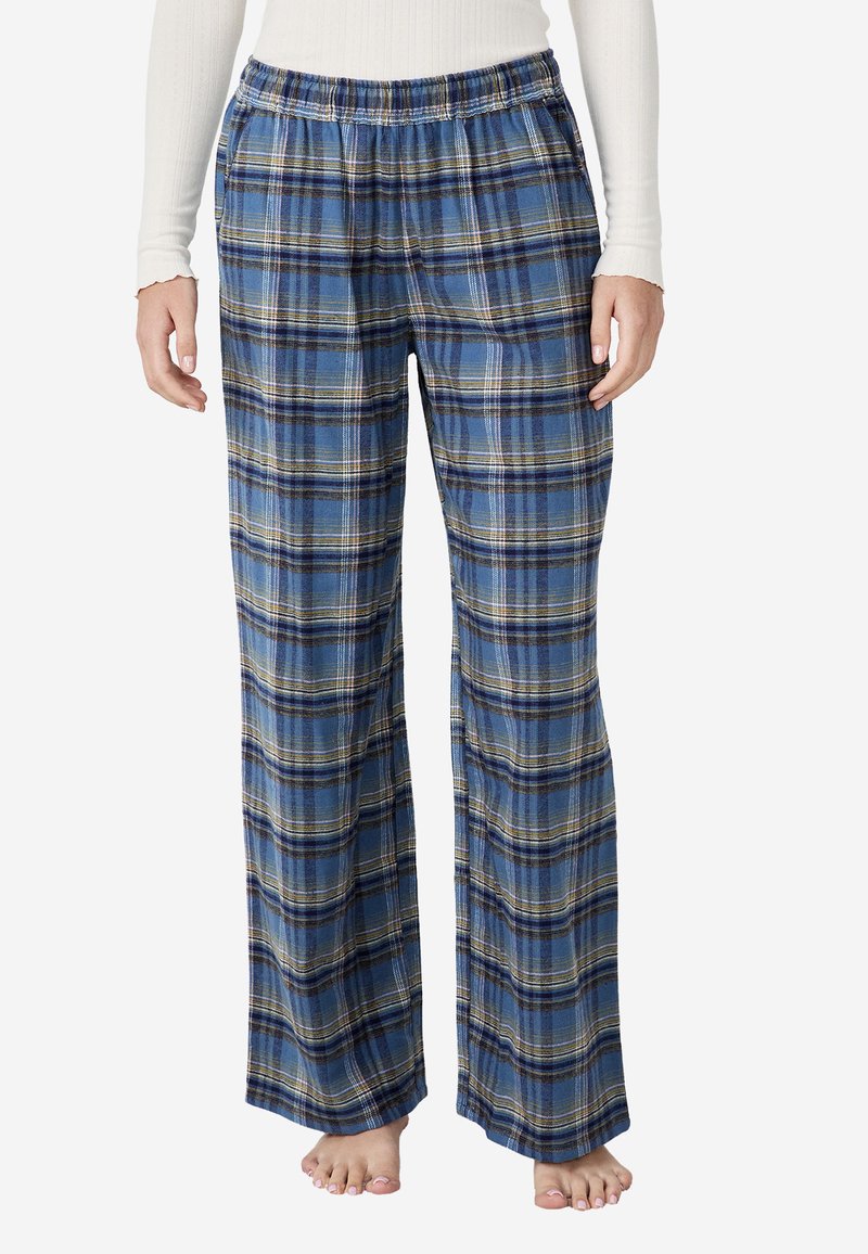 Pantalones de pijama de cuadros azules con cinturilla elástica, que presentan un patrón de cuadros en tonos marino, azul claro y dorado, y un diseño de pierna ancha.