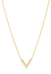 Gouden ketting met een V-vormige hanger, voorzien van een rij pailletjes langs de rand, hangend aan een delicate ketting.