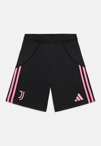 Black athletic shorts with a soft texture, featuring pink side stripes and a logo on the left leg. Elastic waistband for comfortable fit.