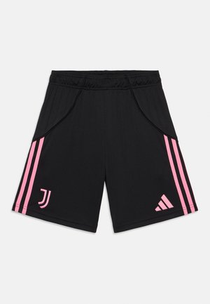 Schwarze Sportshorts mit weicher Textur, ausgestattet mit rosa seitlichen Streifen und einem Logo am linken Bein. Elastischer Bund für einen bequemen Sitz.