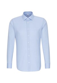 Lichtblauw overhemd met lange mouwen van katoen. Heeft een klassieke kraag, een knoopsluiting aan de voorkant en een eenvoudige textuur met een getailleerde pasvorm.