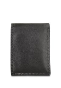 Zwarte leren portemonnee met een minimalistisch ontwerp, voorzien van een gladde textuur, gestikte randen en een omslagsluiting.