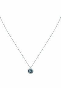 Halskette in Silberoptik mit einem runden, hellblauen Edelstein-Anhänger, der von kleinen klaren Steinen auf einer zarten Kette umgeben ist.