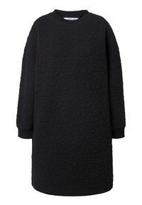 Vestido negro acolchado con mangas largas, cuello redondo, superficie texturizada, corte relajado y puños acanalados. DiseñoMinimalista sin adornos.