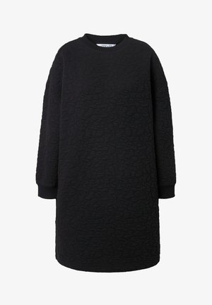 Schwarzes, gesteppte Kleid mit langen Ärmeln, Rundhalsausschnitt, strukturiertem Obermaterial, lockerer Passform und gerippten Bündchen. Minimalistisches Design ohne Verzierungen.