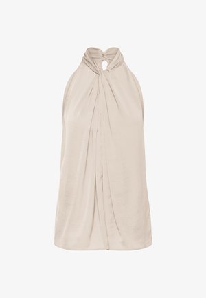 Bézs szatén nyakbakötős top csavart csomóval és összegyűrt kulcslyuk részlettel a nyakkivágásnál, ujjatlan és bő szabású.