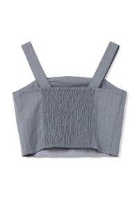 Grauer Cropped-Top mit breiten Trägern, der ein gerafftes Mittelteil und vertikale Längsstreifen an den Seiten aufweist. Weicher Stoffeindruck.