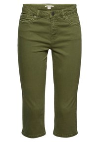 Pantalon court vert olive avec bouton devant, fermeture éclair, passants de ceinture et style cinq poches.