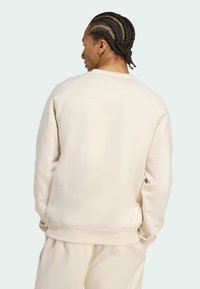 Ljusbeige sweatshirt med rund halsringning och raglanärmar, tillverkad av mjukt tyg. Har en avslappnad passform och ribbade muddar.