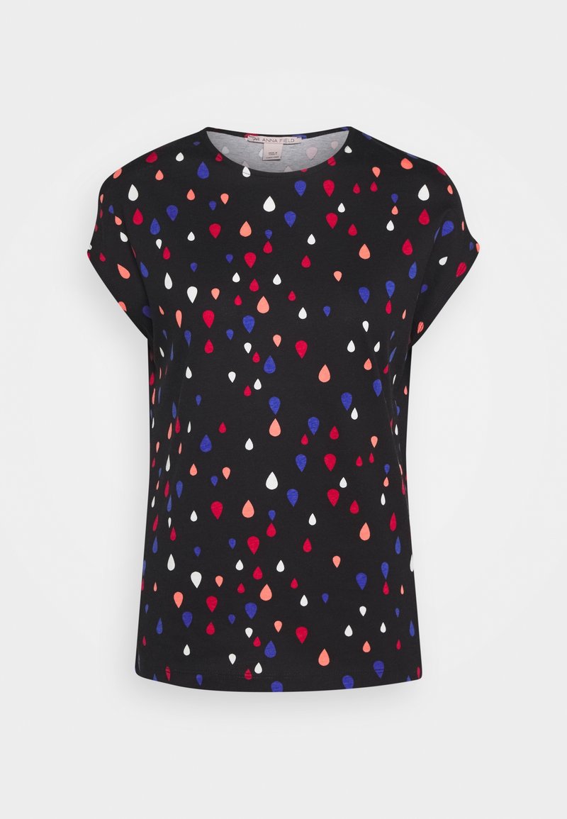 Černé tričko s krátkým rukávem, které je zdobeno vzorem červených, bílých, modrých a broskvových kapkovitých tvarů. Kulatý výstřih, měkký materiál.