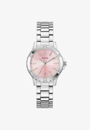 Silberne Edelstahl-Armbanduhr mit rundem Gehäuse, pinkem Farbverlauf-Zifferblatt, silbernen Stundenmarkierungen und Kristallakzenten auf der Lünette und dem Armband.