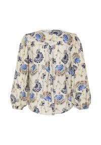 Bluse mit Blumenmuster in Creme mit blauen und beigen Mustern; verfügt über eine lockere Passform, lange Puffärmel und einen Rundhalsausschnitt. Strukturierter Stoff.