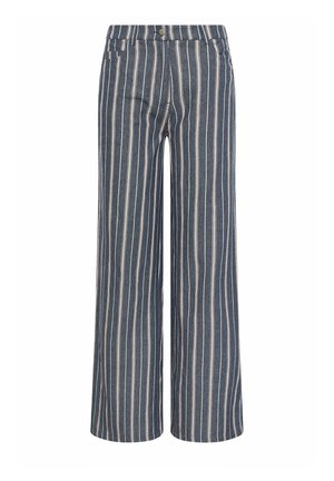 Marineblaue, weit geschnittene Hosen mit weißen vertikalen Streifen, vorne mit Knöpfen und Taschen, auf weißem Hintergrund dargestellt.