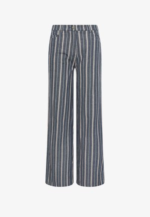 Marineblå bukser med vide ben og hvide lodrette striber, forreste knap og lommer, vist på en hvid baggrund.