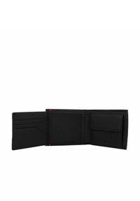 Portafoglio in pelle nera, design bifold, con numerosi scomparti per carte, una tasca per monete e dettagli rossi all'interno. Texture liscia.