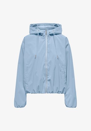 Helehall sinine kapuutsiga jakk esilukuga, nööridega, küljetaskute, elastsete mansettide ja äärega.