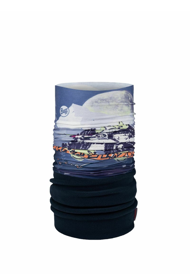 Braga de cuello multifuncional con una mezcla de patrones coloridos e imágenes, tela suave, forma cilíndrica y base en negro sólido.