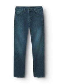 Temno modri kavbojasti jeans s ravnim krojem, opremljeni z gumbom in zadrgo, dvema sprednjima žepoma ter rahlim zbledelostjo.
