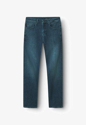 Tamsiai mėlynos džinsinės kelnės, tiesaus kirpimo, su mygtuku ir užtrauktuku, dviem priekinėmis kišenėmis ir švelniu blukimu.