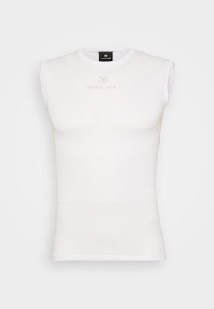 Biely bezrukávový cyklistický základný materiál, vyrobený z texturovaného materiálu. Má okrúhly výstrih a malé svetlošedé logo na hrudi.