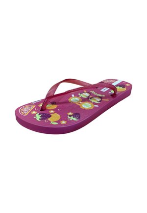 Chancla rosa para niño con tiras transparentes, decorada con ilustraciones coloridas de frutas y flores y la palabra "sweet" en la suela.