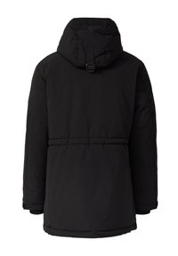 Schwarze gepolsterte Jacke mit Kapuze, mit tailliertem Schnitt, elastischen Bündchen und matter Oberfläche. Keine sichtbaren Muster oder Akzente.