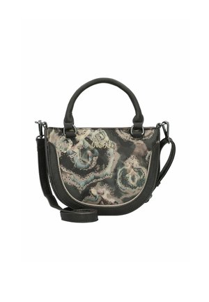 Kleine, runde Handtasche in Schwarz mit dezentem Blumenmuster. Verfügt über zwei Griffe, einen abnehmbaren Schultergurt und einen metallischen Logo-Akzent.