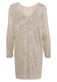 Glittrig, löst sittande tunika med V-ringning. Färg: ljusbeige med silverglittret över hela. Långa ärmar och mjuk textur.