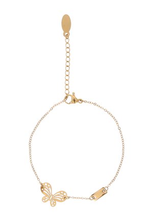 Finom arany lánc karkötő pillangó medállal és kis téglalap alakú címkével, állítható kapoccsal és hosszabbító lánccal.