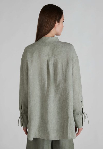 Blusa verde chiaro a vestibilità ampia realizzata in tessuto testurizzato, con una piega sul retro e polsini regolabili con legature. Colore naturale e sobrio.