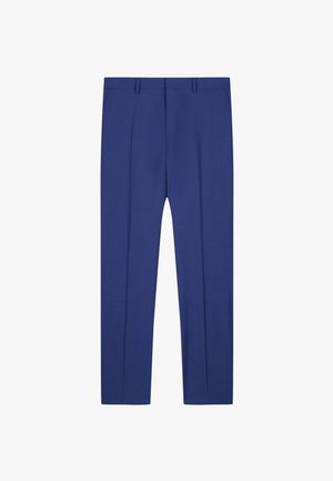 Pantaloni sartoriali blu navy con passanti per cintura, tasche frontali e piega su ogni gamba, mostrati distesi su uno sfondo bianco.