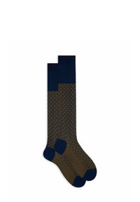 Calzini al ginocchio con un design a coste blu navy e verde oliva, dettagli gialli, texture liscia e polsini colorati a contrasto.