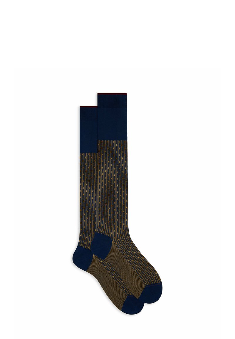 Calzini al ginocchio con un design a coste blu navy e verde oliva, dettagli gialli, texture liscia e polsini colorati a contrasto.