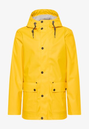 Gul vandtæt regnjakke med hætte, har en frontlås med knapper og to frontlommer. Glat overflade og justerbare toggles.