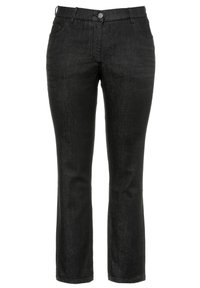 Jeans de mezclilla negros con corte recto, que cuentan con un cierre de botón, bolsillos delanteros y una textura sutil. Un básico versátil en el armario.