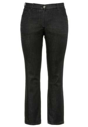 Schwarze Jeans aus Denim mit geradem Schnitt, Knopfverschluss, vorderen Taschen und subtiler Textur. Ein vielseitiges Grundelement der Garderobe.