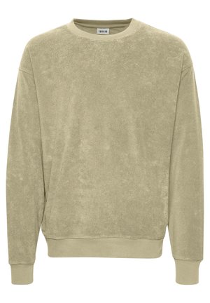 Lyse olivengrøn sweatshirt lavet af blødt stof, med en rund halsudskæring, lange ærmer, ribbede manchetter og en afslappet pasform.