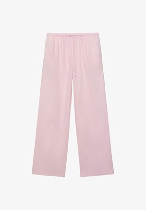 Lichtroze wijde broek met elastische tailleband en trekkoord aan de voorkant, gemaakt van zachte, vloeiende stof.