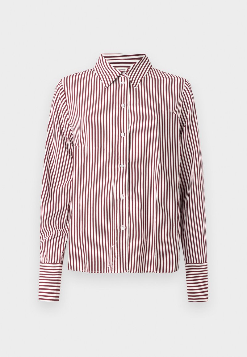 Rood-witte gestreepte lange mouwen shirt met een kraag, knopen aan de voorkant en contrasterende gestreepte manchetten. Glad, geweven stof.
