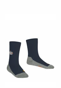Calzini alla caviglia blu navy con texture a costine, accenti grigi sul tallone e sulla punta, caratterizzati da un piccolo design di robot grigio e arancione sul lato.