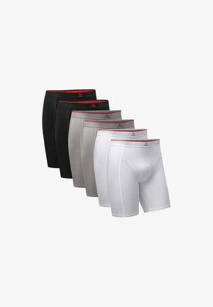 Cinco pares de boxers para hombres en colores negro, gris y blanco, con cinturas elásticas rojas, que ofrecen un ajuste ceñido y una textura de tela suave.
