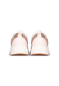 Sneakers with a pink leather heel counter, beige suede accents, and leopard print textile areas. White sole with textured and rubber elements.