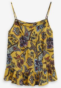 Débardeur à motifs floraux jaunes avec des fines bretelles, un ourlet volanté et des motifs complexes en accents rouges, bleus et blancs.