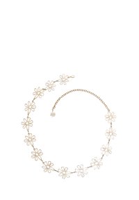 Collier en doré ornée de petits motifs floraux aux pétales ouverts, reliés par une chaîne délicate. Longueur ajustable avec un fermoir à ressort.