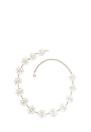 Gold-tone necklace featuring small flower designs with open petals, connected by a delicate chain. Adjustable length with a spring clasp.