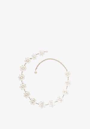 Gouden ketting met kleine bloemenontwerpen met open bloemblaadjes, verbonden door een delicate ketting. Verstelbare lengte met een veersluiting.