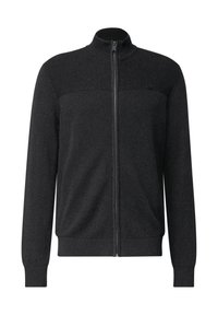 Svart zip-up jacka tillverkad av ribbat tyg. Funktioner inkluderar hög krage, elastiska ärmslut och en slät övre sektion med en subtil logo.