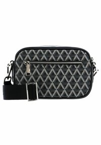 Borsa a tracolla geometricamente patterned in bianco e nero con cerniera argento, tracolla nera e forma rettangolare; presenta una tasca anteriore con cerniera.